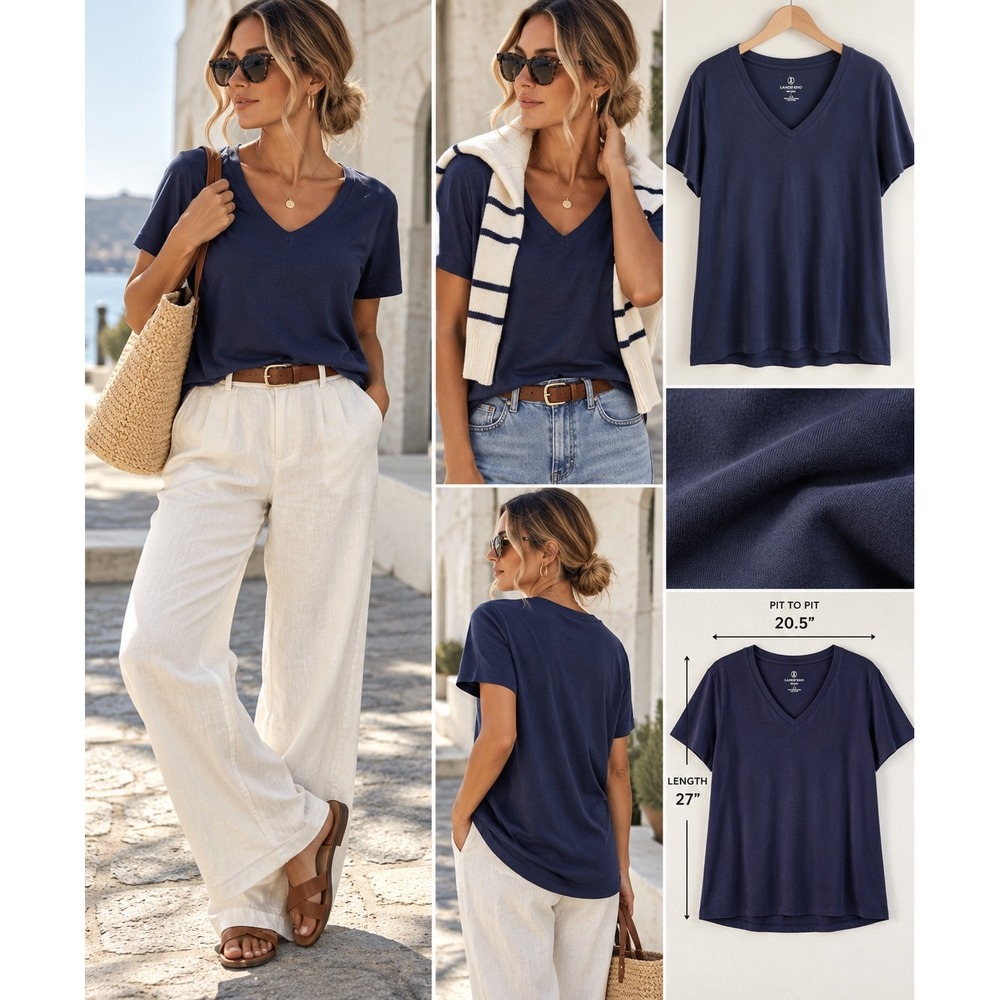 Lands' End Supima Cotton T Shirt Women L Navy Relaxed Coastal Basic Quiet Luxury